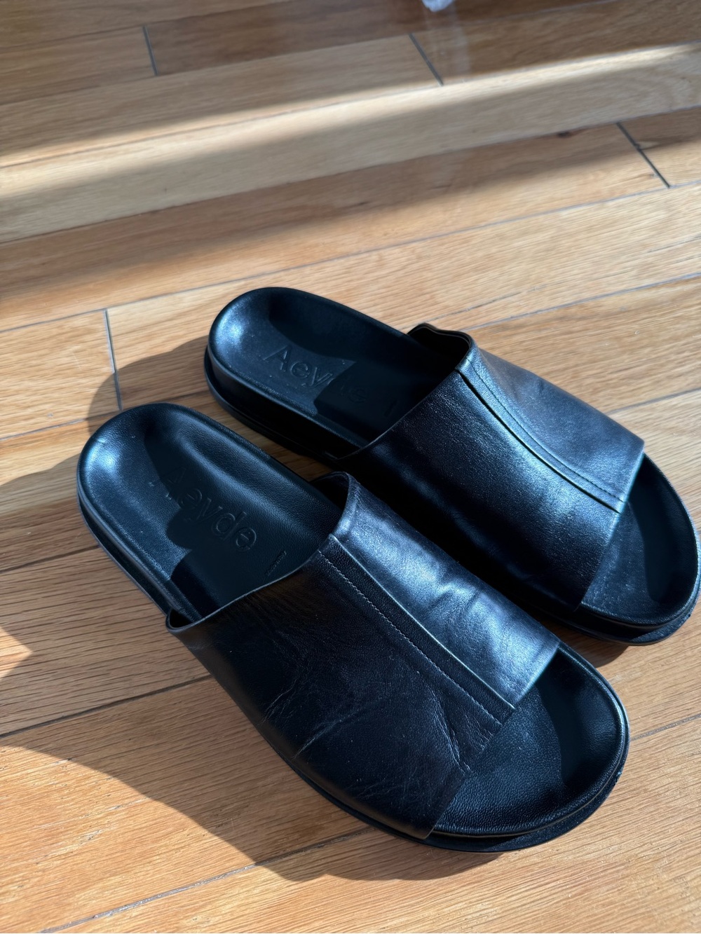 Aeyde Black Leather Slide Sandals